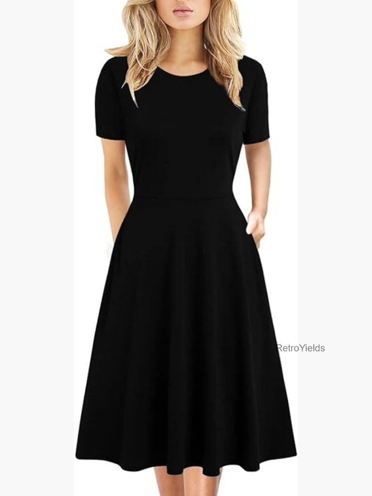 Elegant Vintage Floral Knee Length A-Line Swing Dress With Pockets